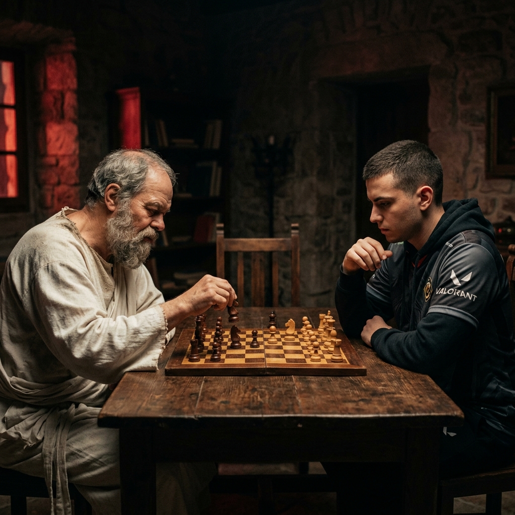Socrates playing chess with a Valorant player